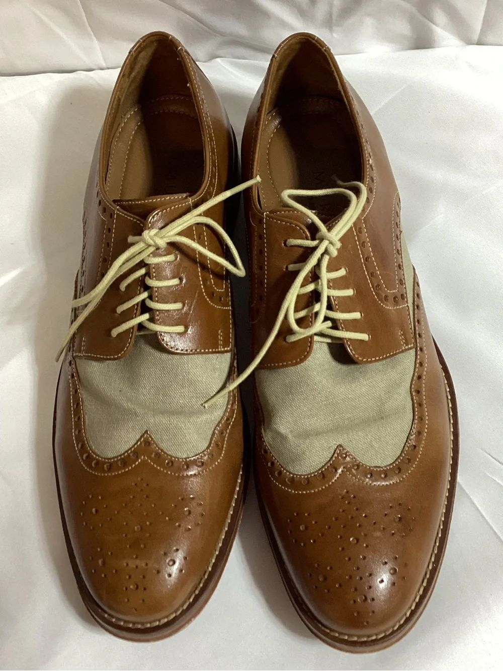 Johnston & Murphy Brown Leather and Beige Canvas Wingtip Oxfords